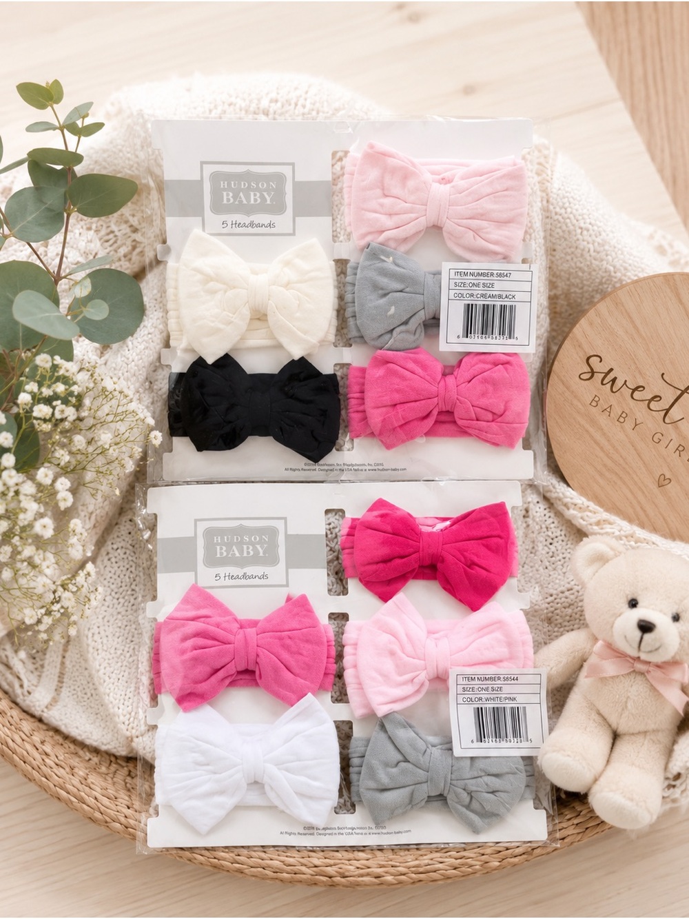 Hudson Baby Bow Headband Set in Pink, Dark Pink, Cream, Gray & Black
